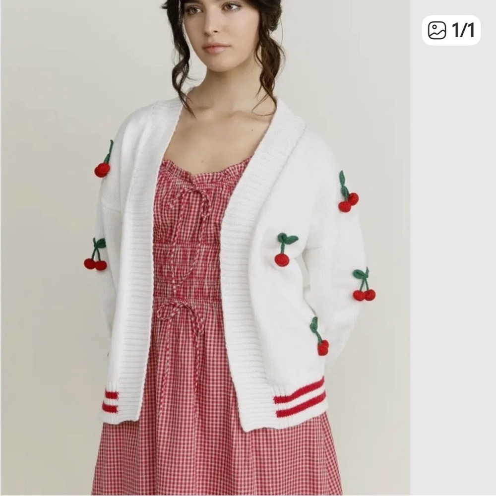 Cherry Embellished White Cardigan Sweater
